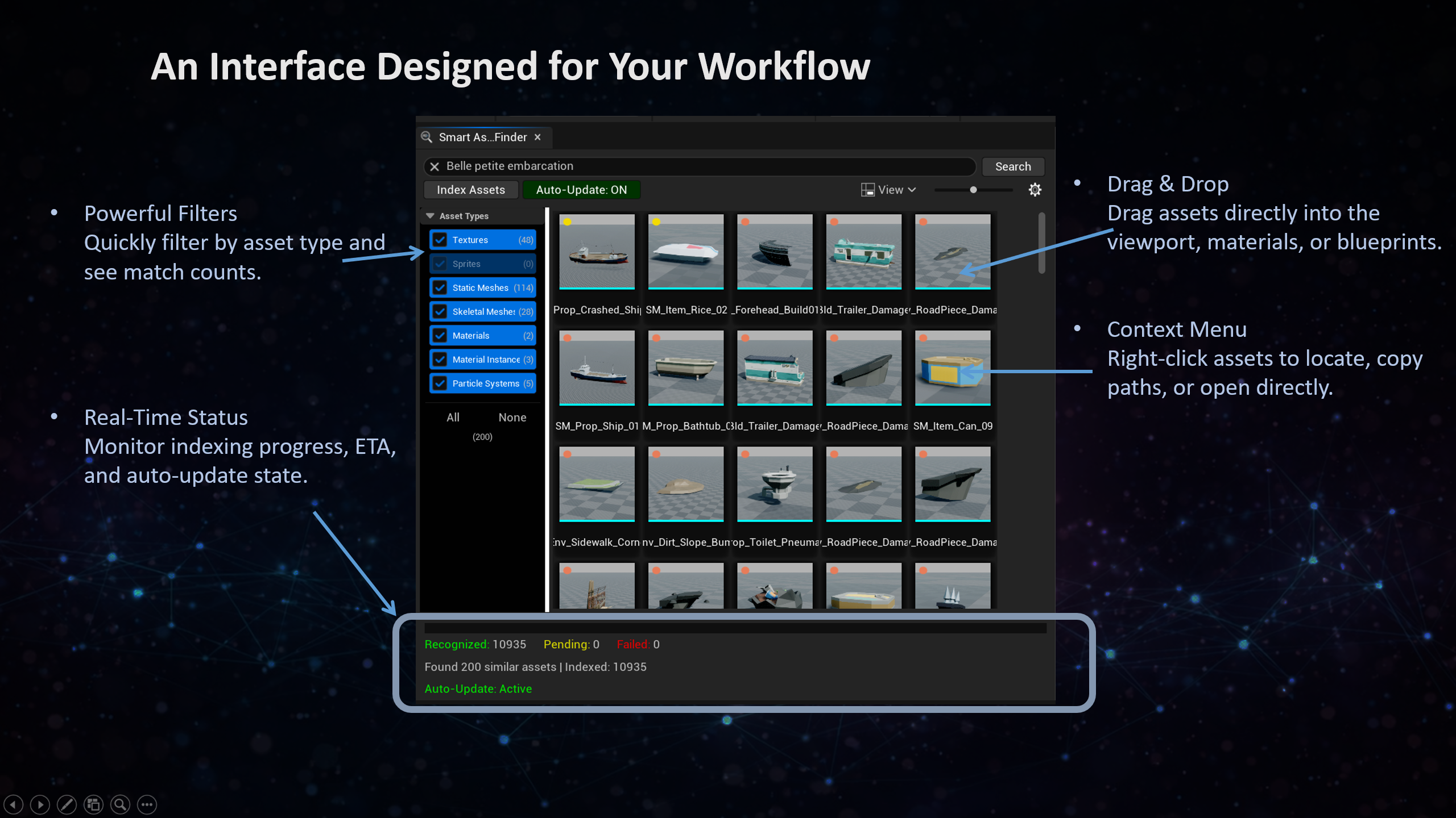 Smart Asset Finder interface - filters, drag & drop, context menu